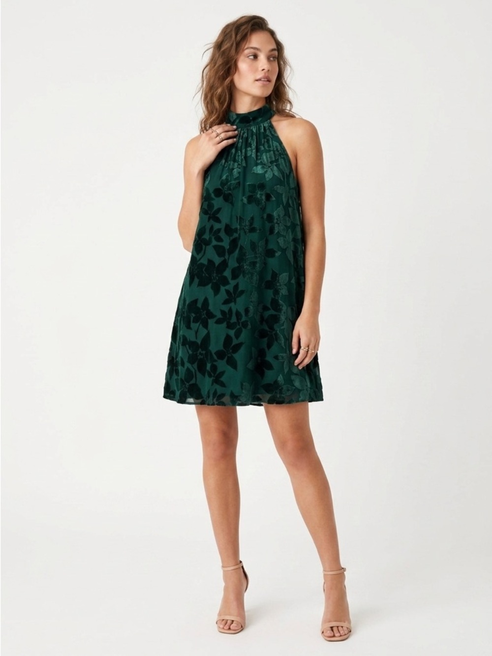 Trina Turk Spree Halter Dress Keyhole Silk Blend Velvet Burnout Emerald Green S